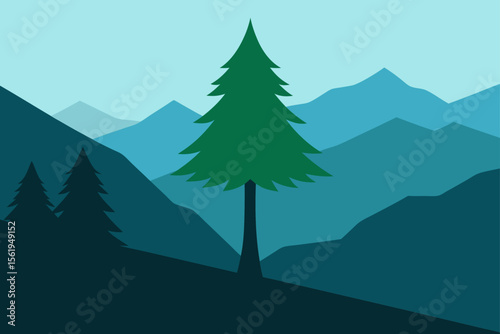 Majestic Mountain Vista Serene Pine Tree Landscape Illustration