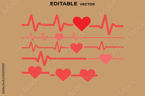 Collection of red heart shapes integrated with electrocardiogram heartbeats on a tan background