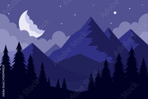 Serene Night Majestic Mountains under a Crescent Moon