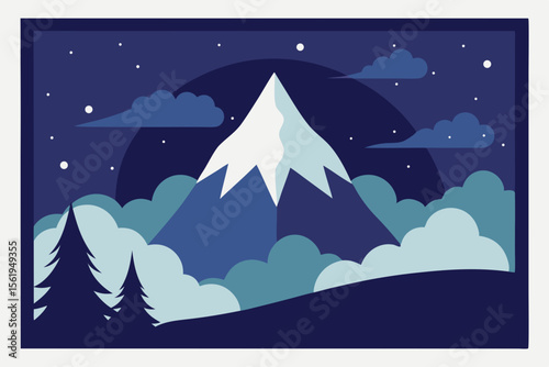 Majestic Mountain Peak at Night A Serene Night Landscape Illustration