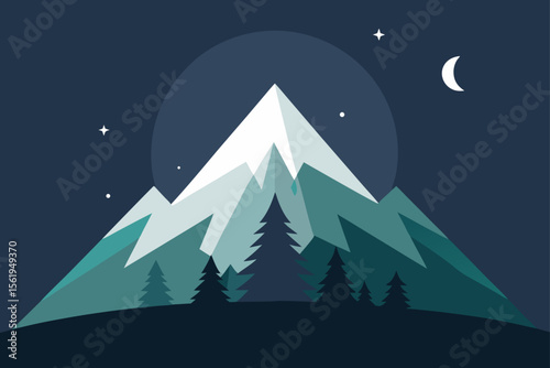 Serene Night Mountain Landscape  A Minimalist Illustration of Majestic Peaks Under the Moon