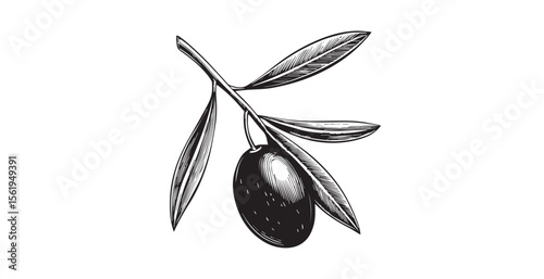 Detailed black and white illustration of a single olive on a branch with leaves silhouette