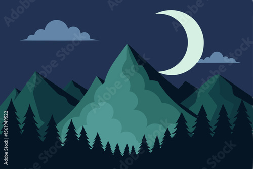 Serene Night Majestic Mountains under Crescent Moon