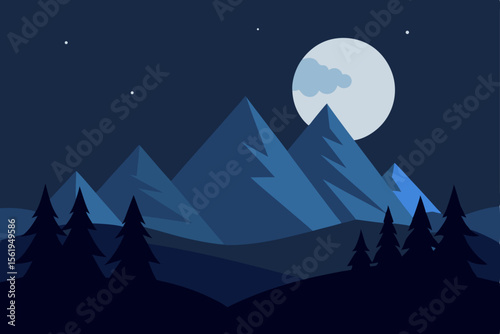 Serene Night Majestic Mountains Under a Full Moon
