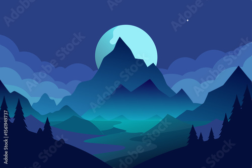 Serene Night Majestic Mountains and Tranquil Valley under a Full Moon