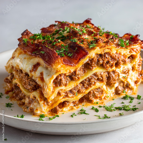 Delicious Cheesy Lasagna with Layers of Meat Sauce and Bacon – Tasty Italian Comfort Food, Fresh Herbs on Top, Gourmet Homemade Recipe, and Classic Pasta Dish on White Plate