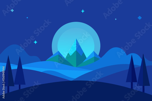 Serene Night Landscape Mountains, Moon, and Stars in a Minimalist Design