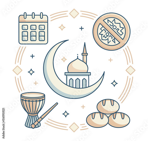 ramadan fasting and prayer symbols including mosque in crescent moon, calendar, no food sign, drum, bread and stars in vector illustration