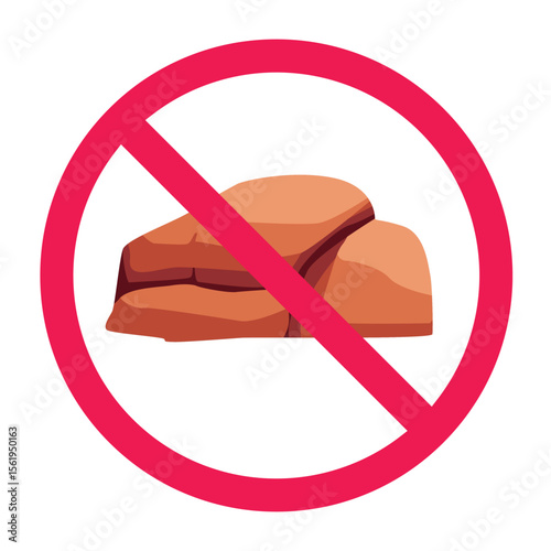 No desert rock sign, desert stone with red crossed circle, forbidden desert rock icon