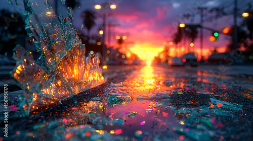 Glowing Broken Glass on Wet Urban Street at Sunset – Vibrant City Lights Reflection, Colorful Shattered Pieces, Evening Glow, Bokeh Lights, and Dreamy Futuristic Atmosphere