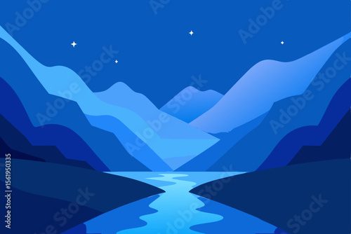 Serene Night Blue Mountain River Landscape Illustration