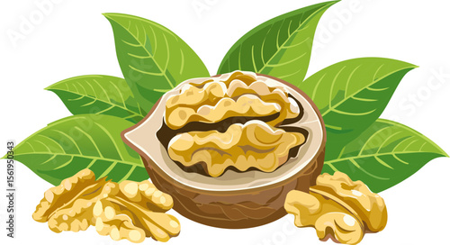 Walnut with Leaves – Whole and Cracked Nut Illustration
