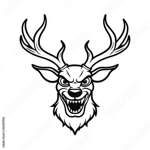 mad reindeer head sketch in twisted antler perspective version two on white background Vector illustration