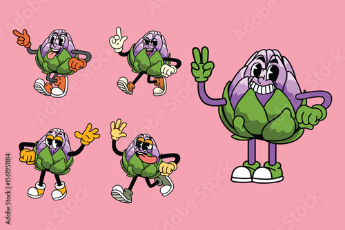 Set of funny artichoke vegetable 70s retro comic cartoon characters