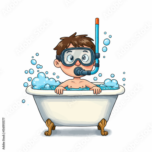 Boy in Snorkel Gear in Bubble Bath Vector Illustration