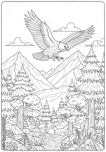 the eagle soars over the forest. coloring book