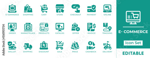 E-commerce Icon Set. Features icons of shopping carts, online payments, delivery, store, mobile commerce, and checkout. Perfect for websites, apps, and digital stores.