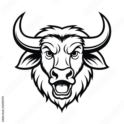 roaring buffalo head with strong horns and rough beard version two on white background Vector illustration