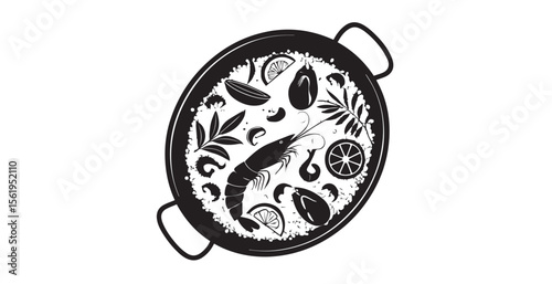 Artistic black and white illustration of a paella dish with seafood and lemon slices silhouette