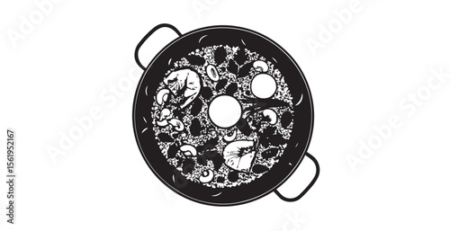 Delicious paella dish with seafood chicken and lemon in a pan silhouette