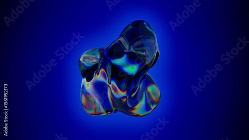 Droplet of liquid with a holographic surface. Abstract background in blue color. Seamless vj loop. Dynamically moving abstract form.