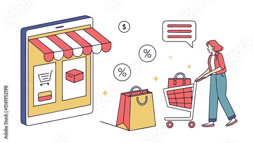 A woman shopping online, illustrated in a modern style with shopping bags and cart, symbolizing e-commerce.