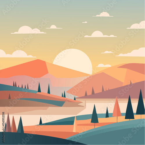 vector composition using simple shapes and a muted color palette
