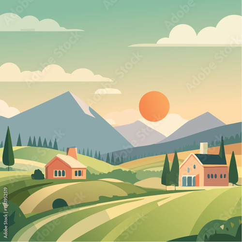 vector composition using simple shapes and a muted color palette