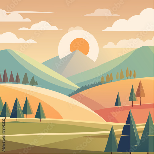 vector composition using simple shapes and a muted color palette