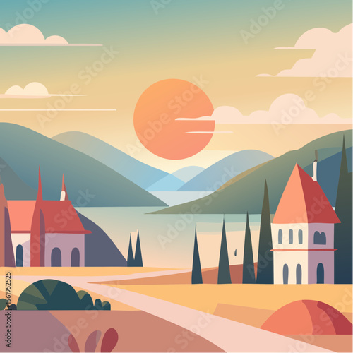 vector composition using simple shapes and a muted color palette
