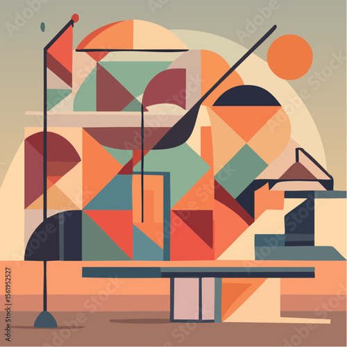 vector composition using simple shapes and a muted color palette