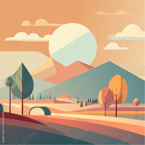 vector composition using simple shapes and a muted color palette