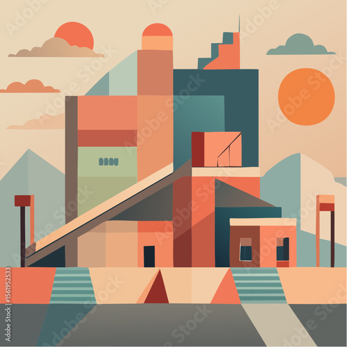 vector composition using simple shapes and a muted color palette