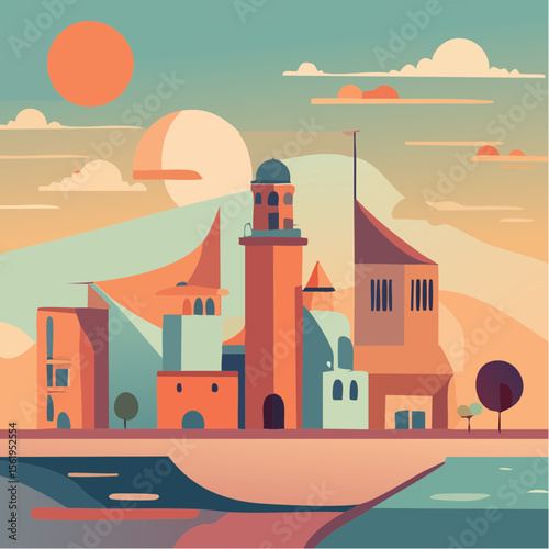 vector composition using simple shapes and a muted color palette