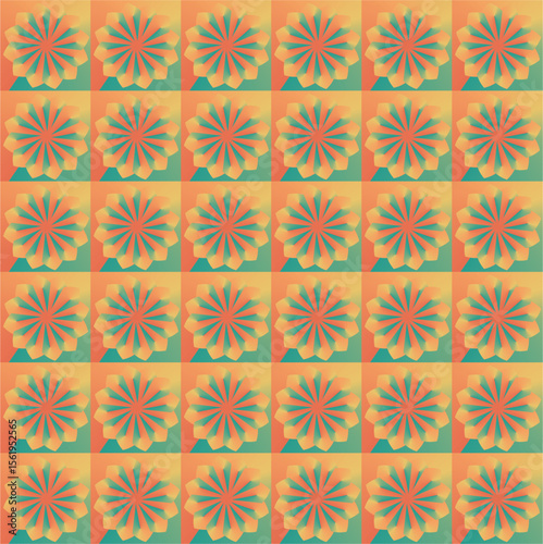 A seamless floral pattern with layered petals in warm orange, green, and yellow tones, evoking vintage island vibes and mid-century modern design.