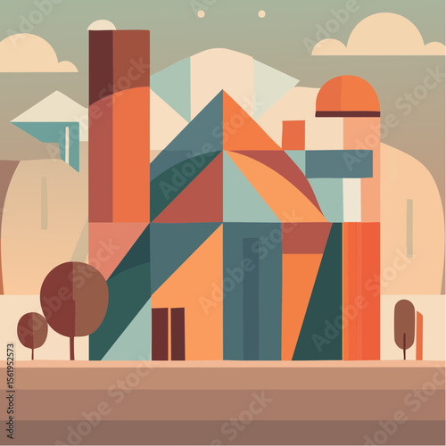 vector composition using simple shapes and a muted color palette