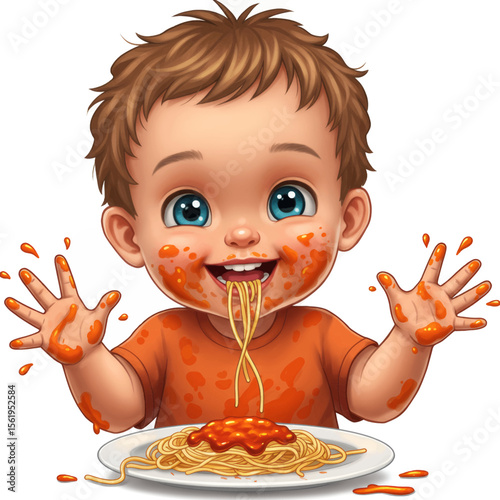 Baby Messily Eating Spaghetti Vector Illustration