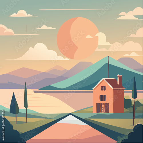 vector composition using simple shapes and a muted color palette