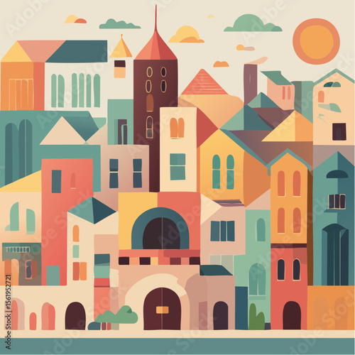 vector composition using simple shapes and a muted color palette