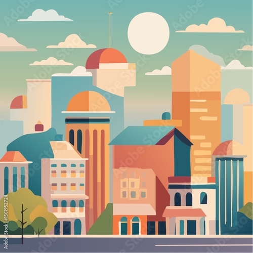 vector composition using simple shapes and a muted color palette