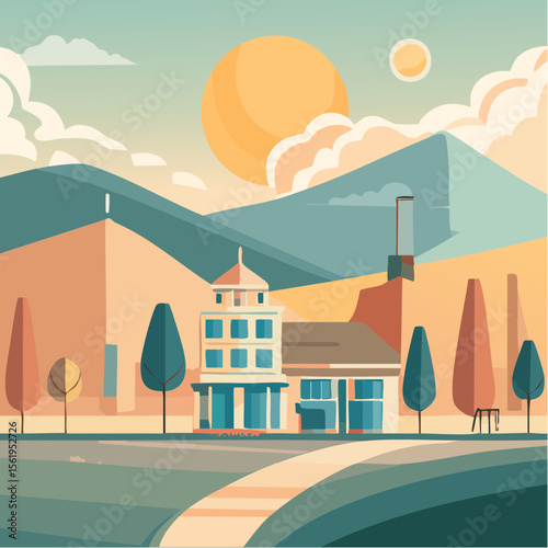 vector composition using simple shapes and a muted color palette