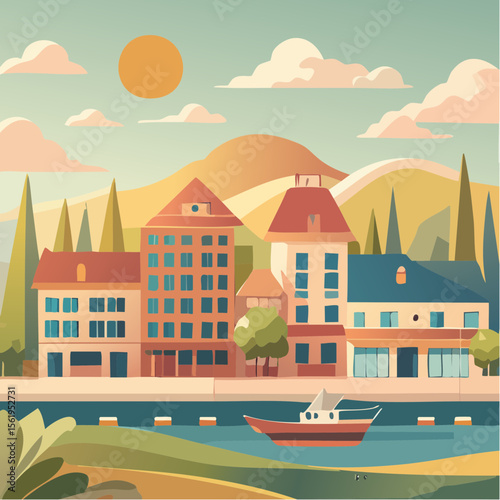 vector composition using simple shapes and a muted color palette