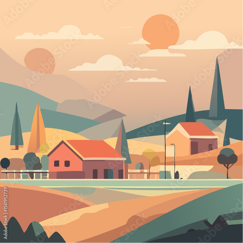 vector composition using simple shapes and a muted color palette