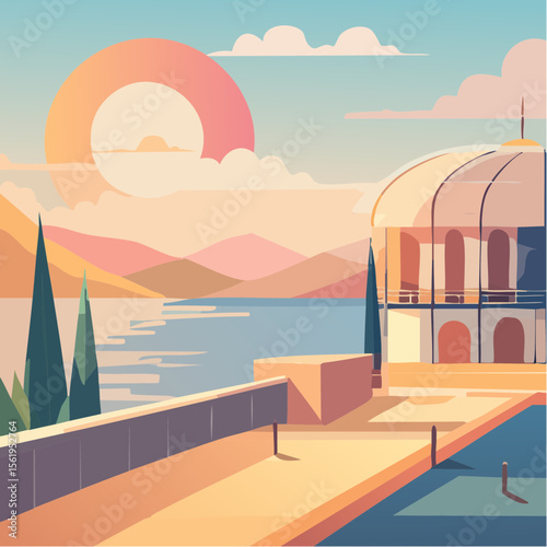 vector composition using simple shapes and a muted color palette