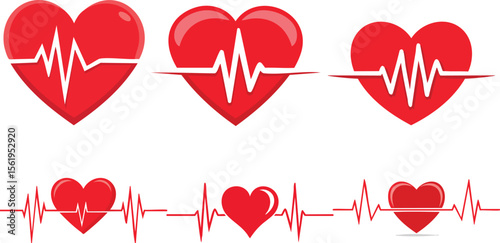 Vector Illustration of Red Heart Icons with ECG Lines in Two Rows Featuring Glossy and Flat Designs on White Background – A Modern Health and Romance Concept

