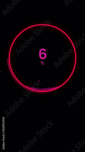 Technological futuristic design of a round neon display in red with a loading percentage indication and dots animation on a black background. Template with looped animation. Vertical. 4k