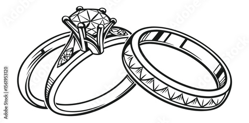 Wedding Rings with Diamond Solitaire - Black and White Vector Illustration