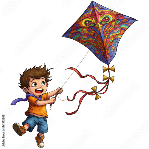 Boy Flying Colorful Ornate Kite Vector Illustration