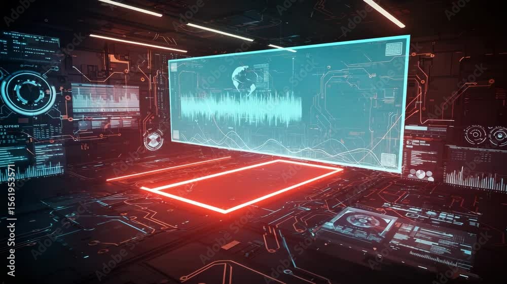 High-tech virtual interface glowing in red futuristic environment, 4K animation with digital HUD elements and data graphs