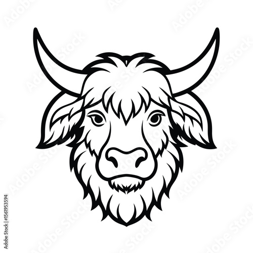 savage yak head with shaggy fur and strong outline version one on white background Vector illustration